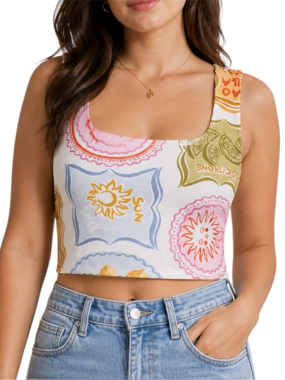 Paper Heart Italian Fruit Motif Print Linen Blend Crop Tank Top Sz M Multicolor